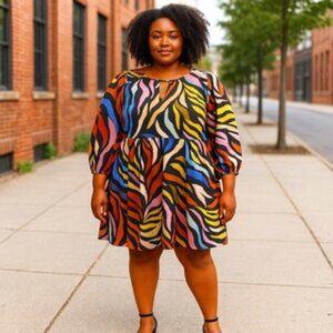 WHO WHAT WEAR Balloon Sleeve Mini Dress Multicolor Abstract Print WMS XL